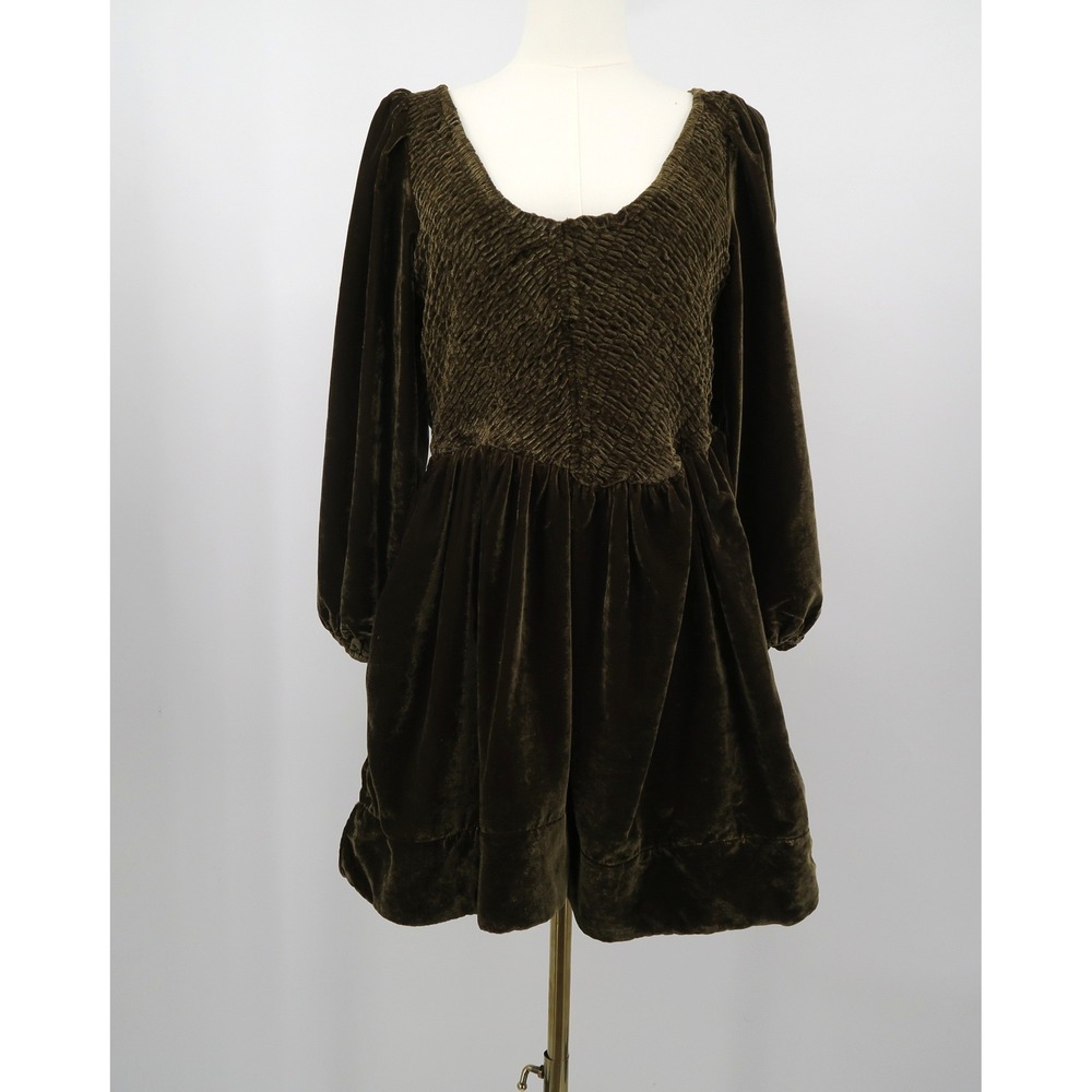 Free People Brown Bear Velvet Smocked Mini Dress Long Sleeve Small